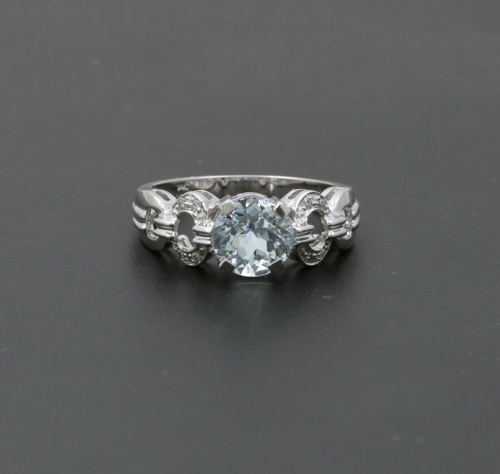 Vintage 14K White Gold Aquamarine Diamond Ring Band, Engagement Ring.