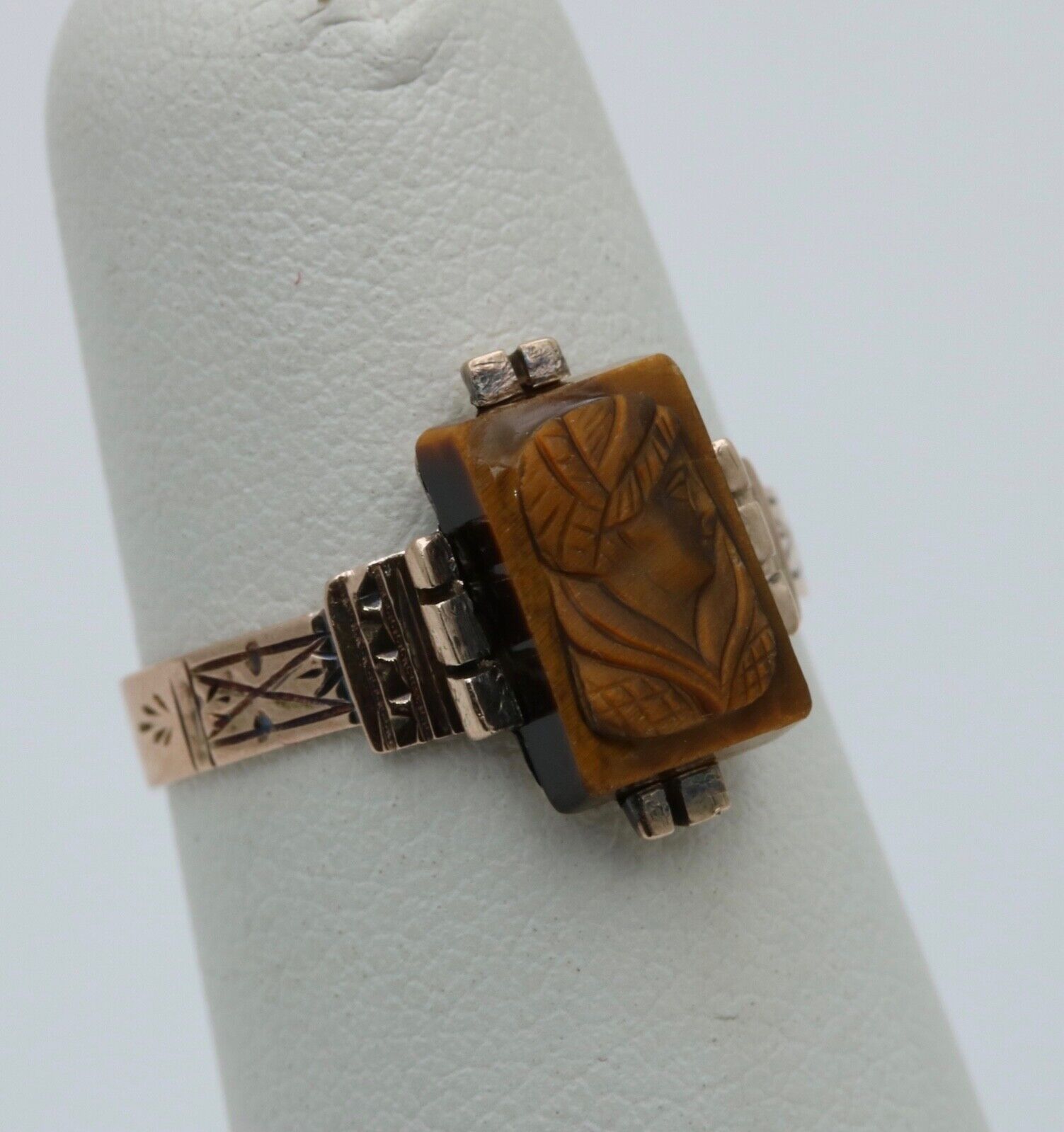 Antique 10K Rose Gold Carved Tiger's Eye Ring