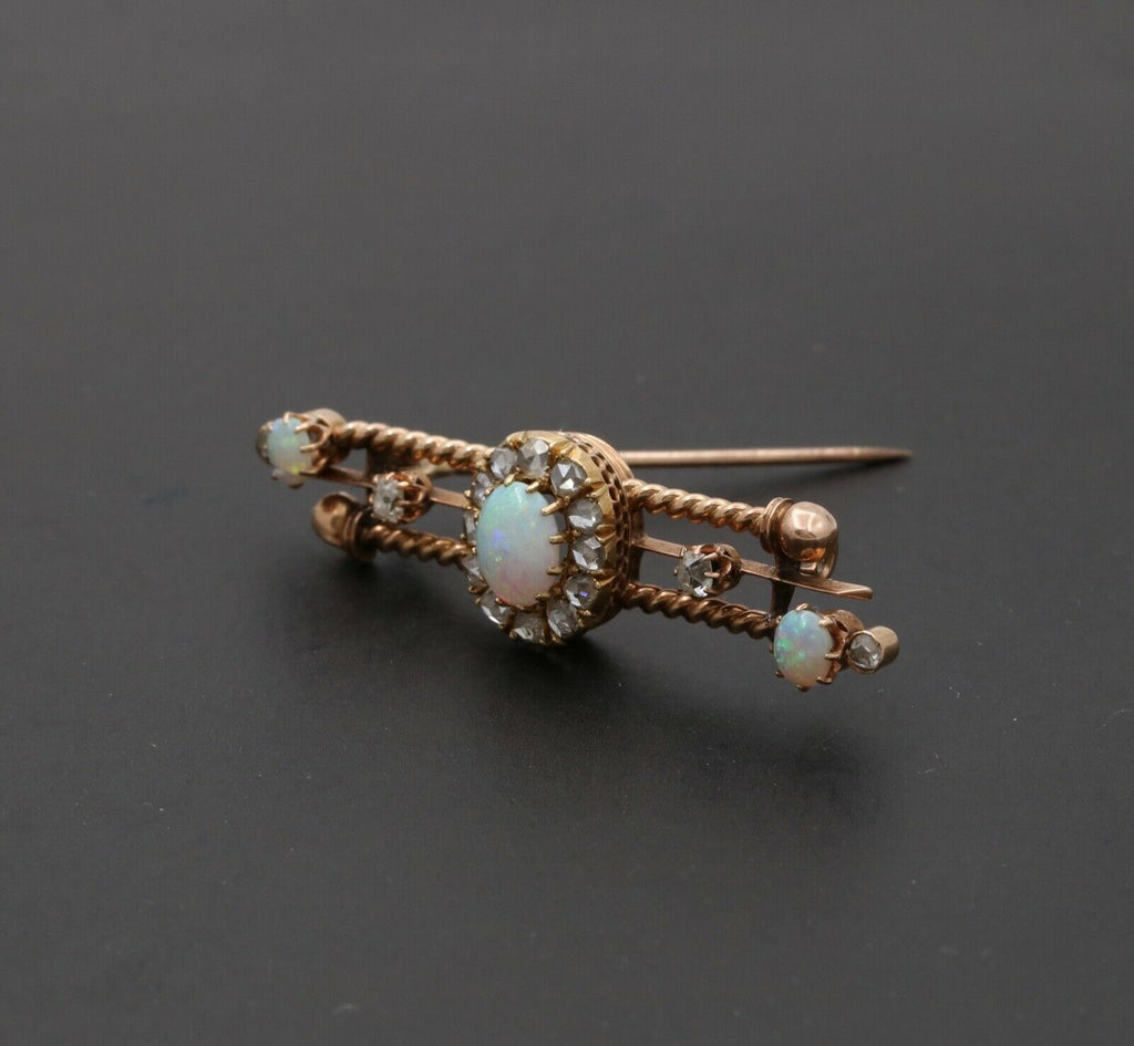 Victorian Opals Diamonds 14K Rose Gold Brooch Pin