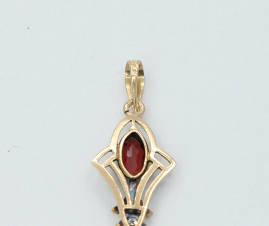 Art Nouveau Ruby Diamonds Garnet 10K Gold Pendant