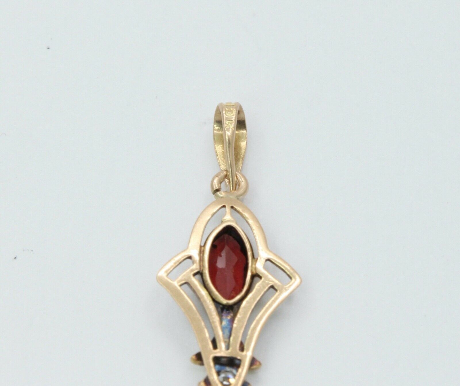 Art Nouveau Ruby Diamonds Garnet 10K Gold Pendant
