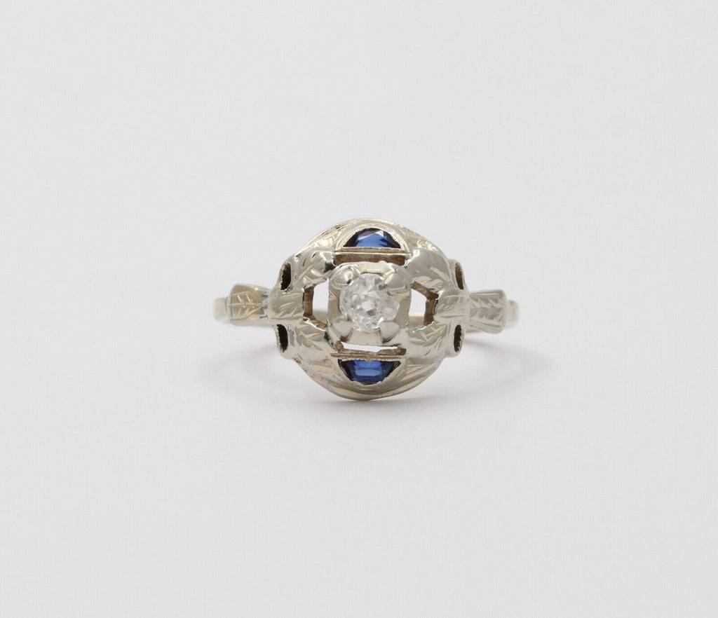 Art Deco Diamond Sapphires 18K White Gold Engagement Cocktail Ring