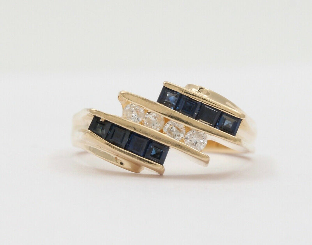 Vintage Geometric Bypass Diamonds Sapphires 14K Yellow Gold Ring