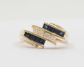 Vintage Geometric Bypass Diamonds Sapphires 14K Yellow Gold Ring