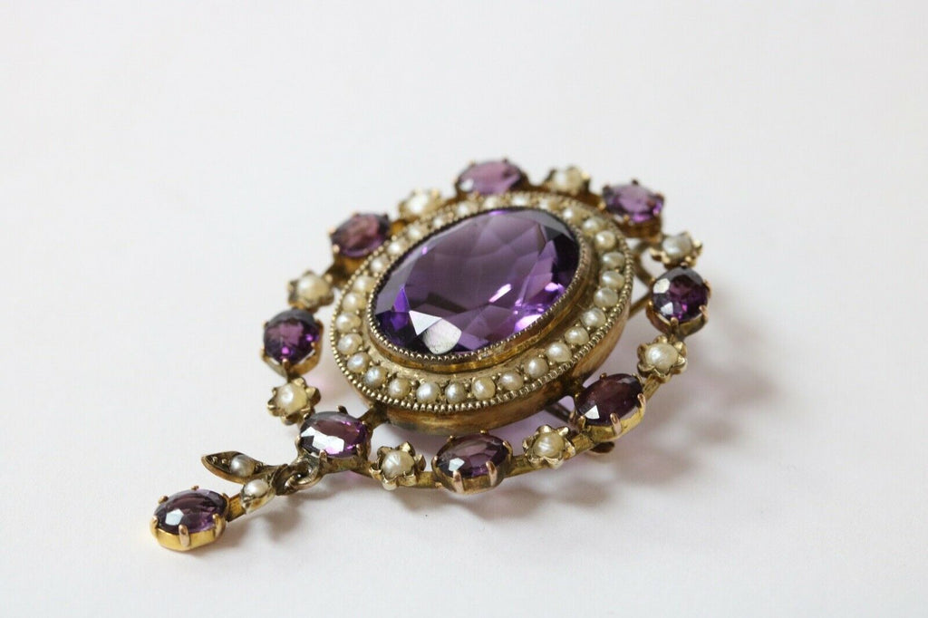 Victorian Amethyst Seed Pearl Milgrain 9 Carat Brooch Pendant
