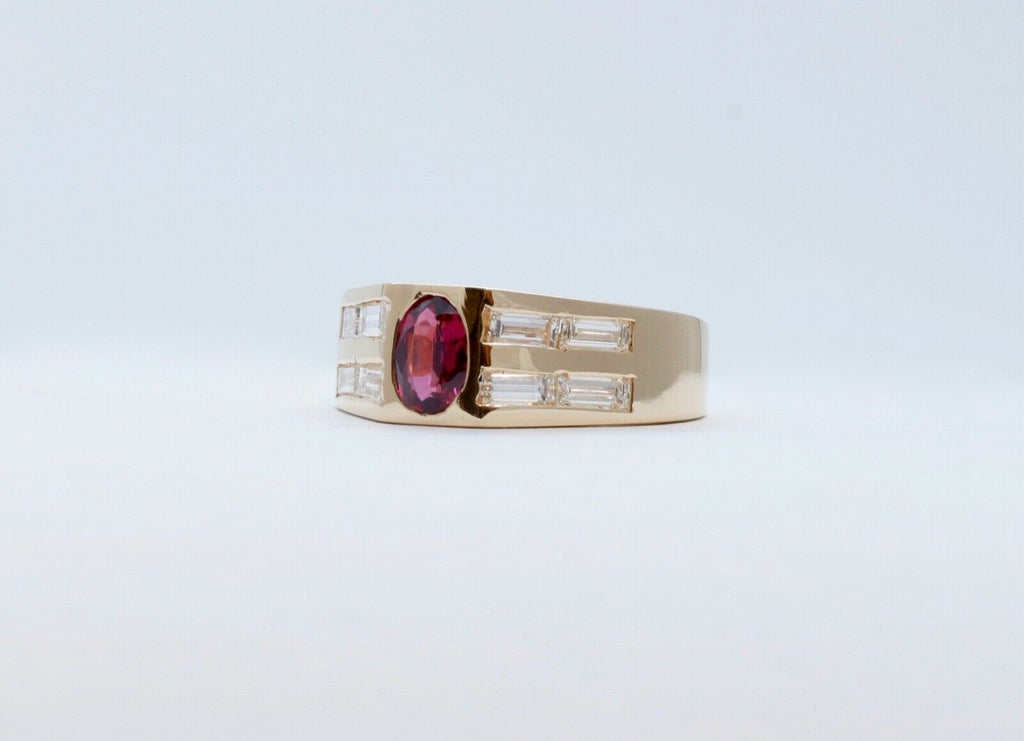 Geometric Vintage Ruby Diamonds 14K Yellow Gold Ring