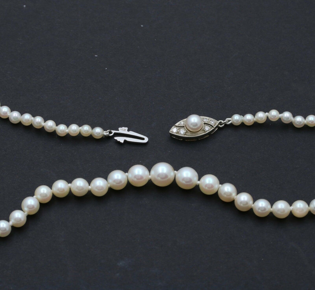 Art Deco Akoya Cultured Pearls Diamonds 14K White Gold Necklace