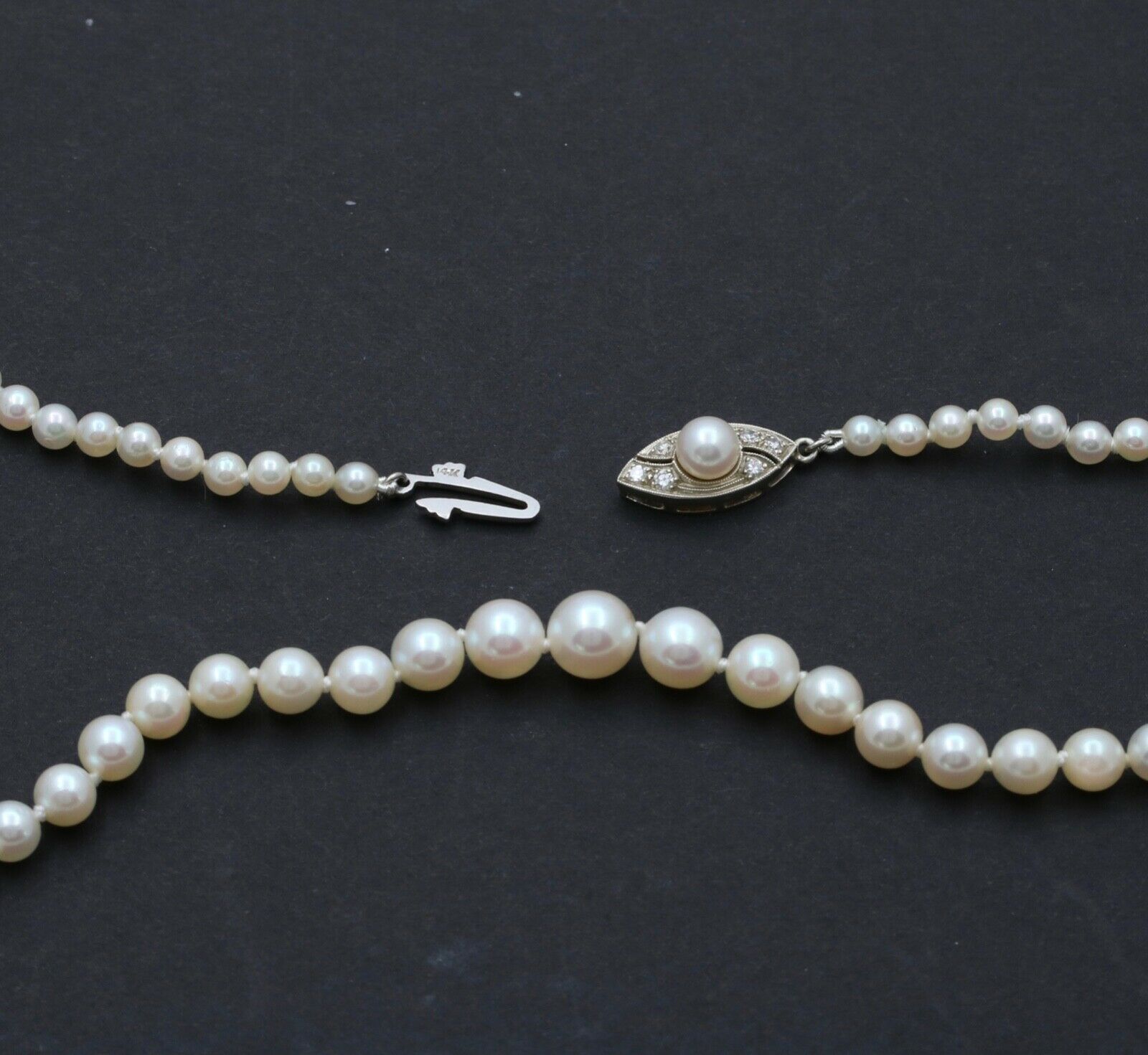Art Deco Akoya Cultured Pearls Diamonds 14K White Gold Necklace