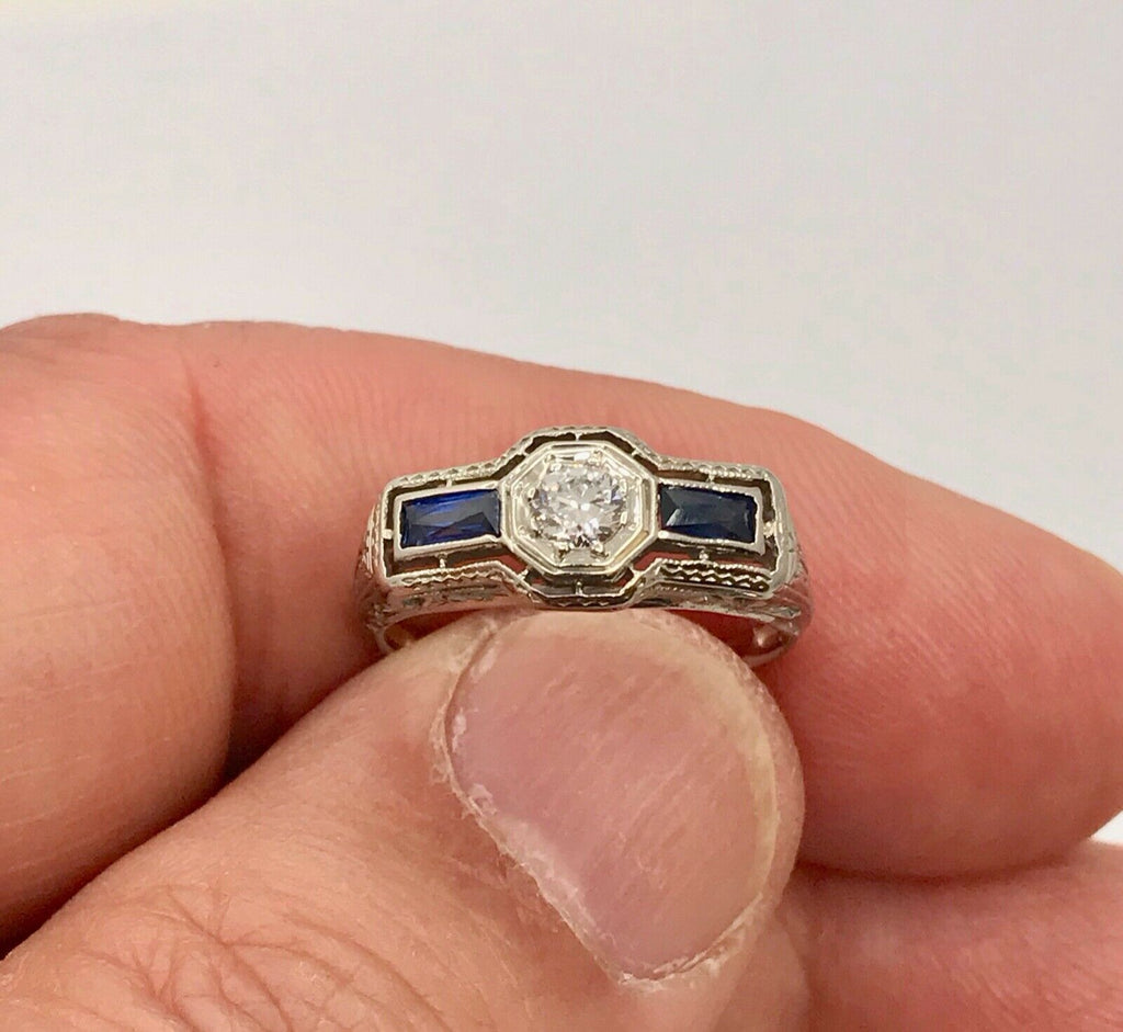 Art Deco 18K White Gold Diamond & Synthetic Sapphire Ring