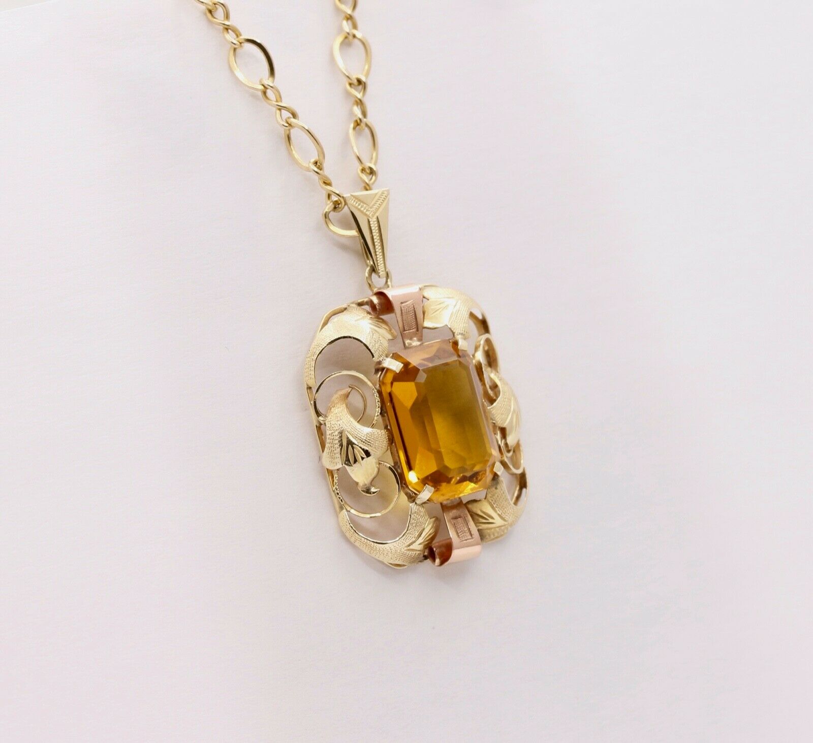 Lovely Vintage 14K Yellow Rose Gold Citrine Pendant 10K Open Link Chain
