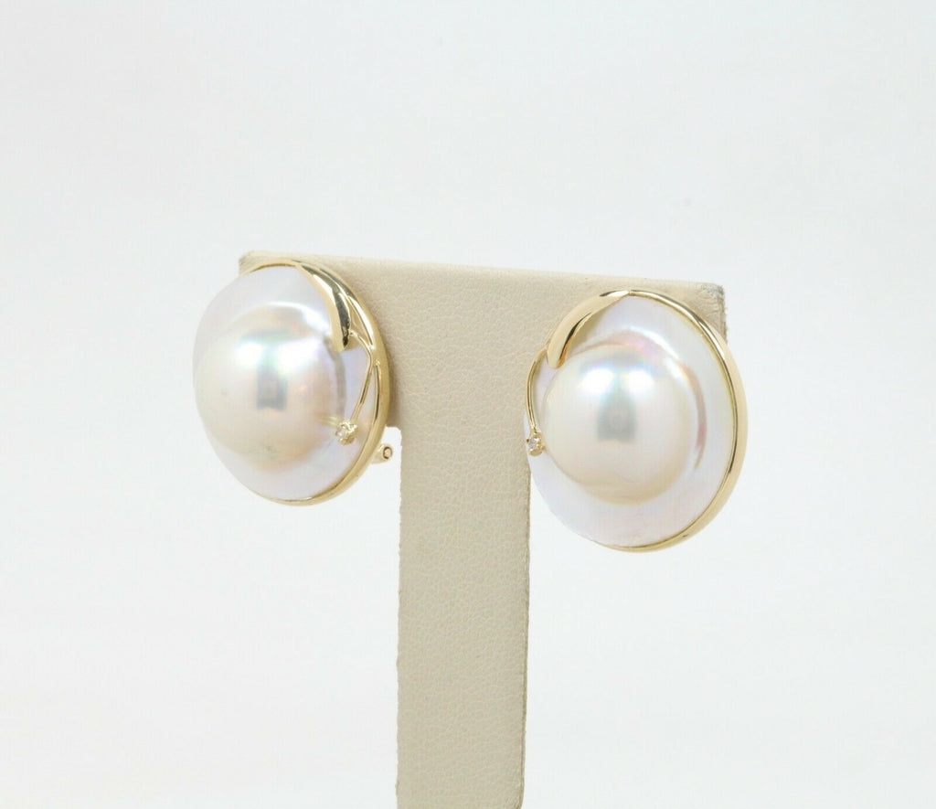 Vintage 14K Yellow Gold Mabe Pearl & Diamond Clip Earrings