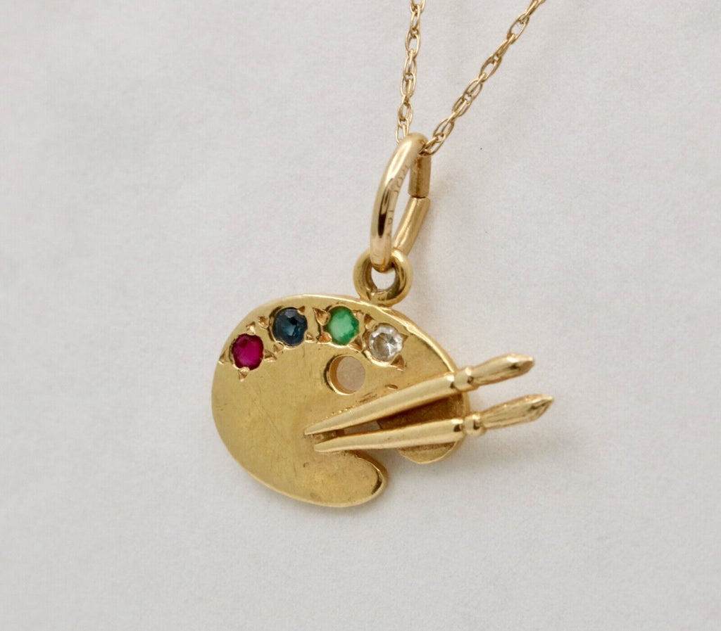 Vintage Painter's Palette Multistone 14K Yellow Gold Pendant Charm