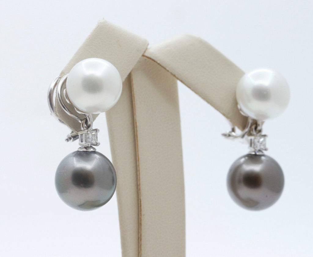 South Sea White and Tahitian Pearls Diamonds 18K White Gold Vintage Earrings