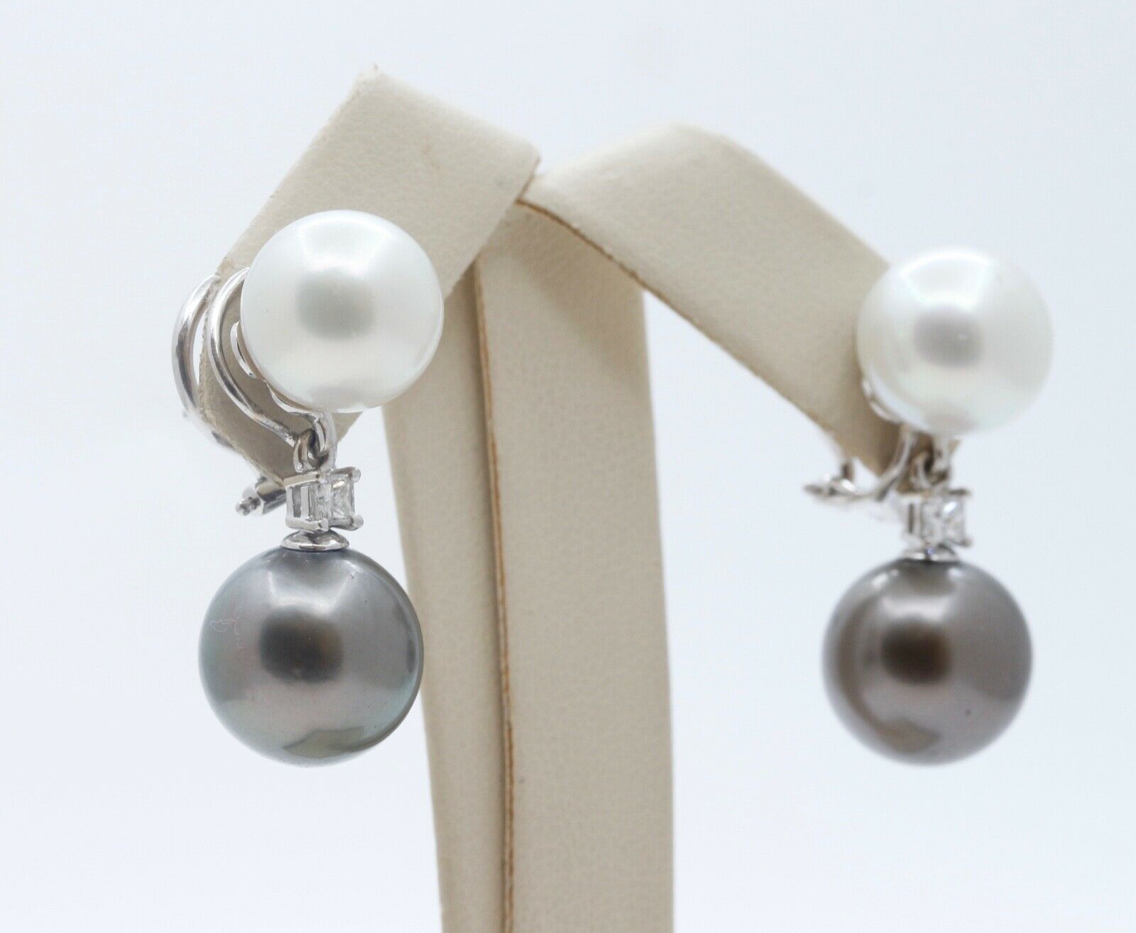 South Sea White and Tahitian Pearls Diamonds 18K White Gold Vintage Earrings