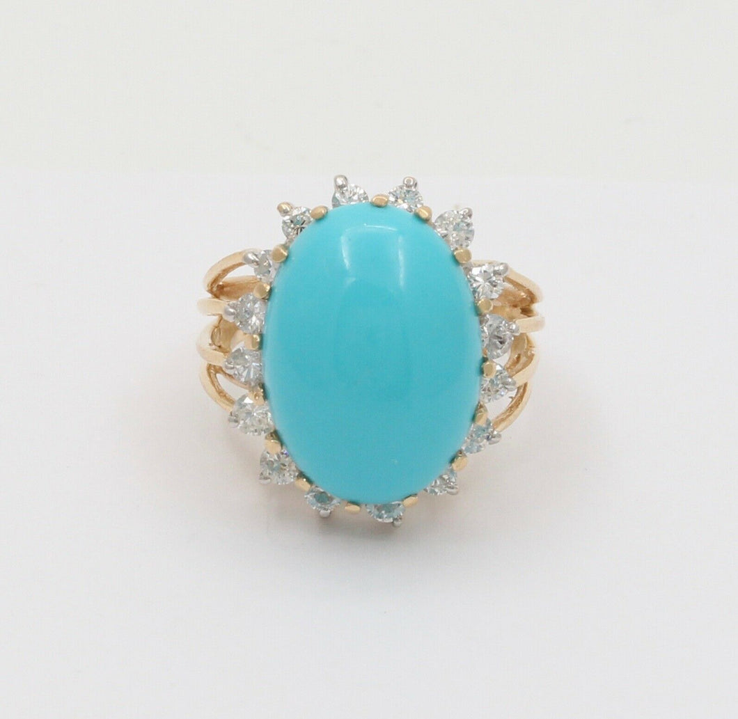 Vintage 14K Yellow Gold Large Natural Turquoise Diamond Statement Ring