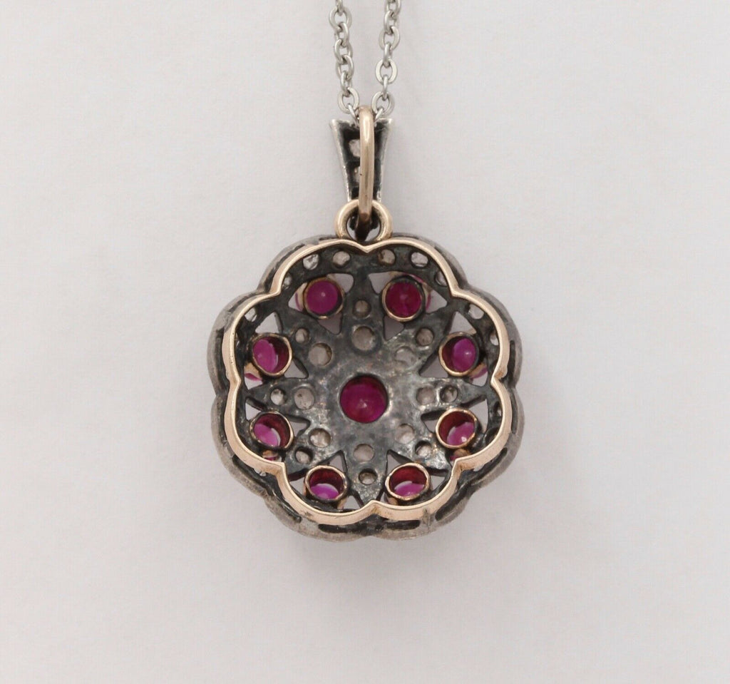 Victorian Rubies Diamonds 14K Rose Gold Silver Pendant