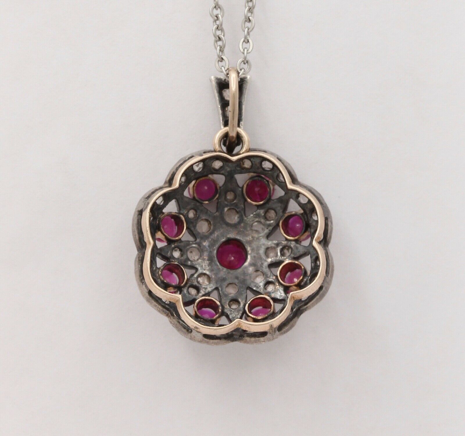 Victorian Rubies Diamonds 14K Rose Gold Silver Pendant
