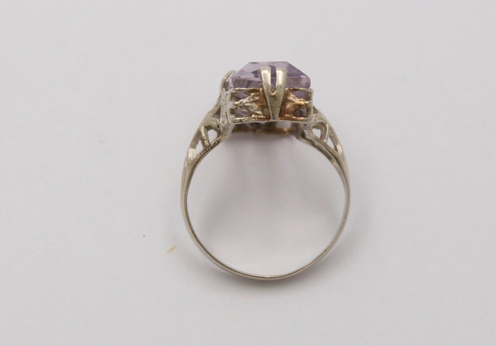 Art Deco Rose De France Amethyst Rose Cut Diamond 14K White Gold Ring