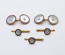 Load image into Gallery viewer, Vintage 14K Gold Mother Of Pearl &amp; Pearl Cufflinks And Dress Studs Set
