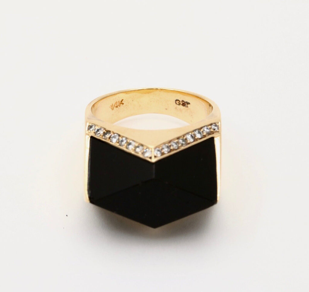 Vintage 14K Yellow Gold Geometric Onyx & Diamond Ring