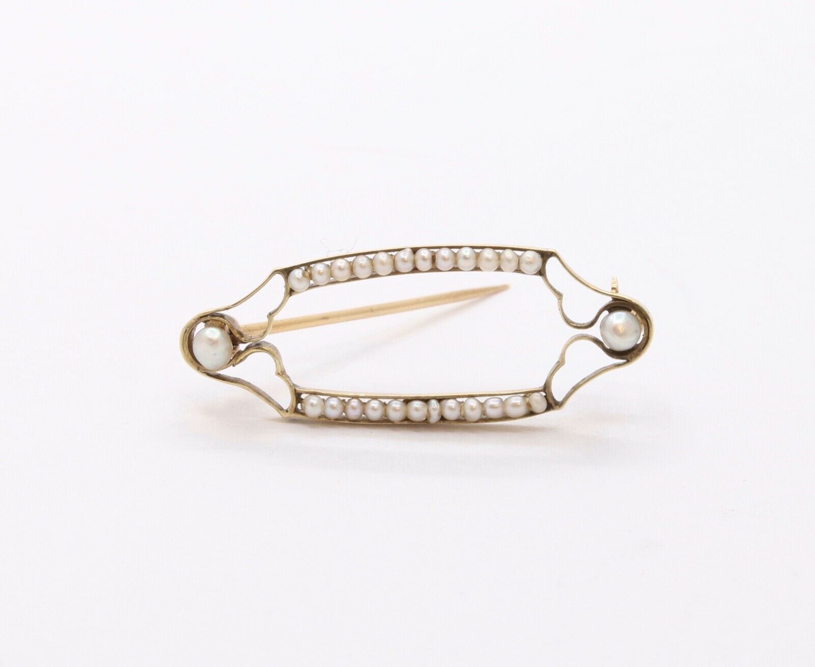 Victorian Edwardian 14K Yellow Gold Seed Pearls Retro Brooch Pin