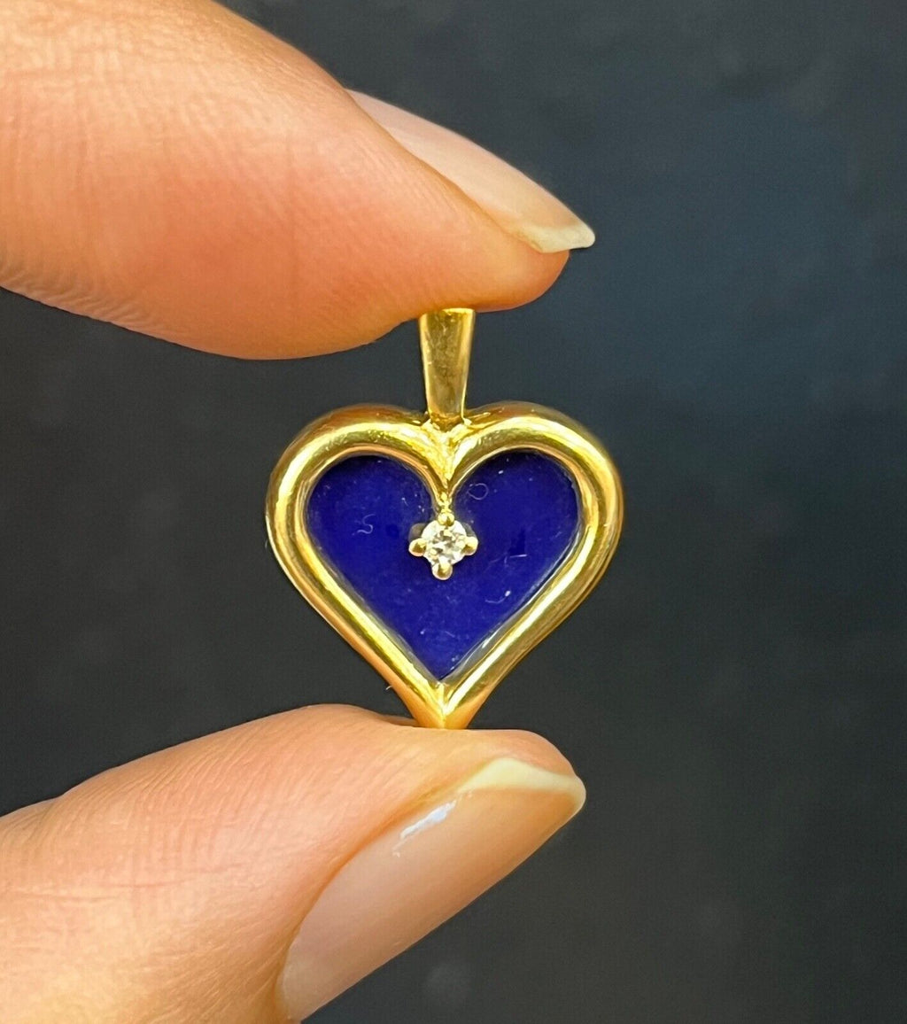 Vintage 14K Yellow Gold Lapis Lazuli Heart Diamond Pendant, Charm