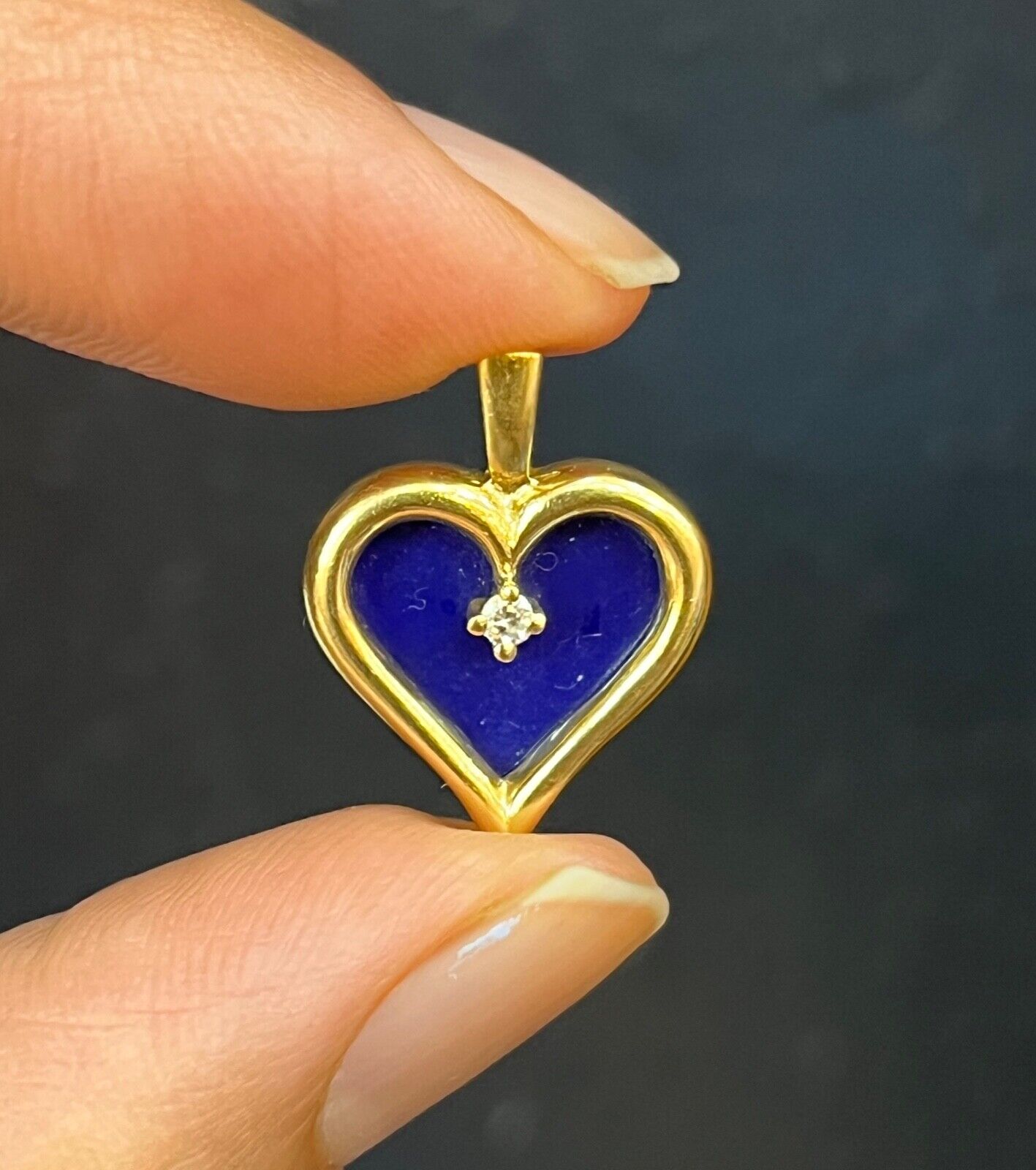 Vintage 14K Yellow Gold Lapis Lazuli Heart Diamond Pendant, Charm
