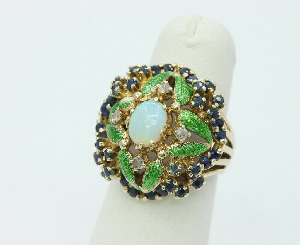 Vintage Cluster Ring 14K Yellow Gold Opal Sapphires Diamonds