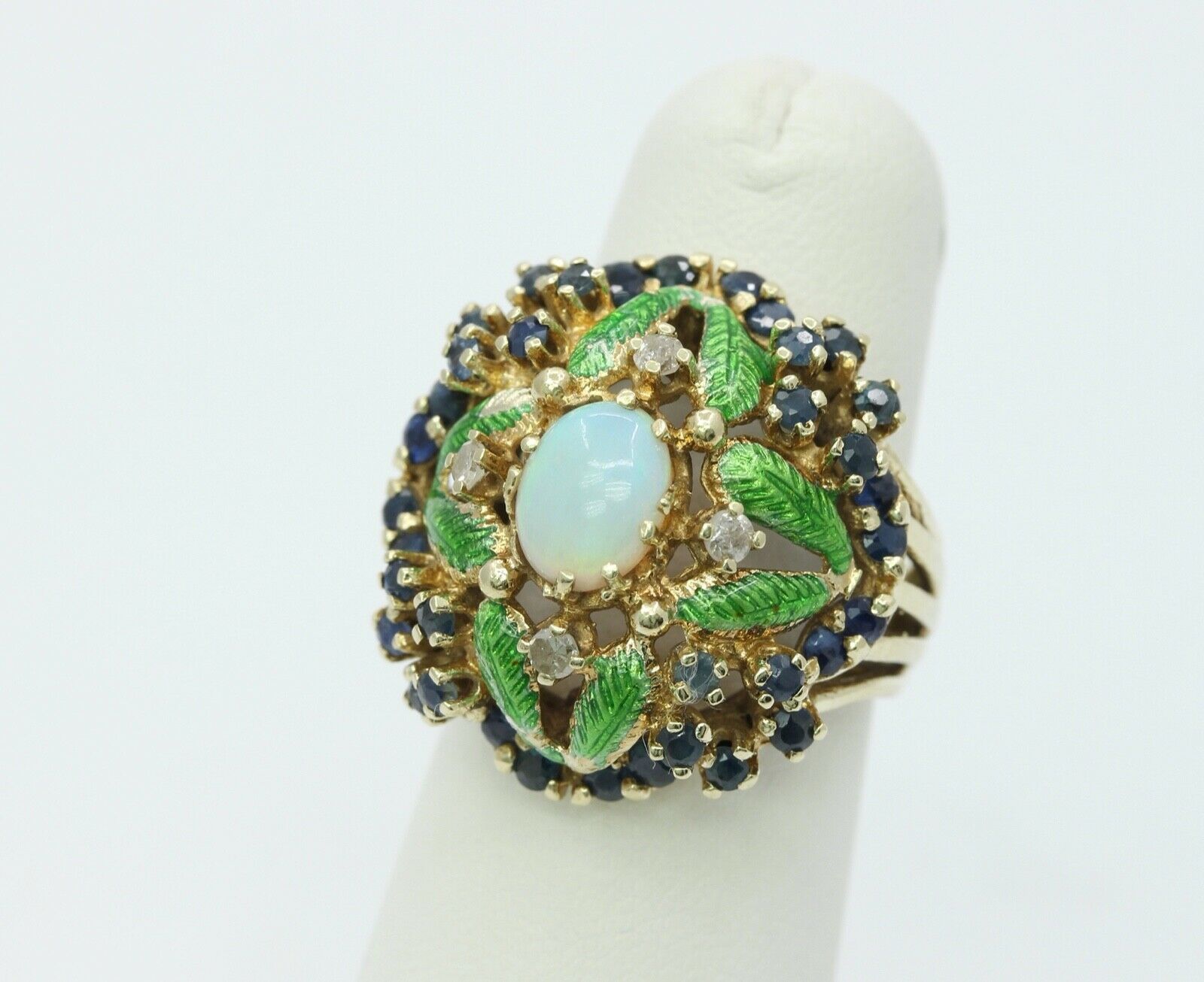 Vintage Cluster Ring 14K Yellow Gold Opal Sapphires Diamonds