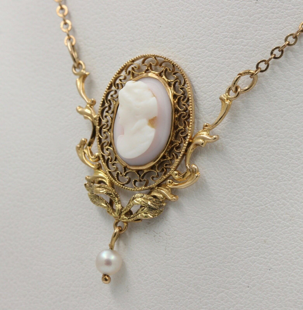 Art Nouveau Cameo Pearl 14K 10K Pendant and Chain