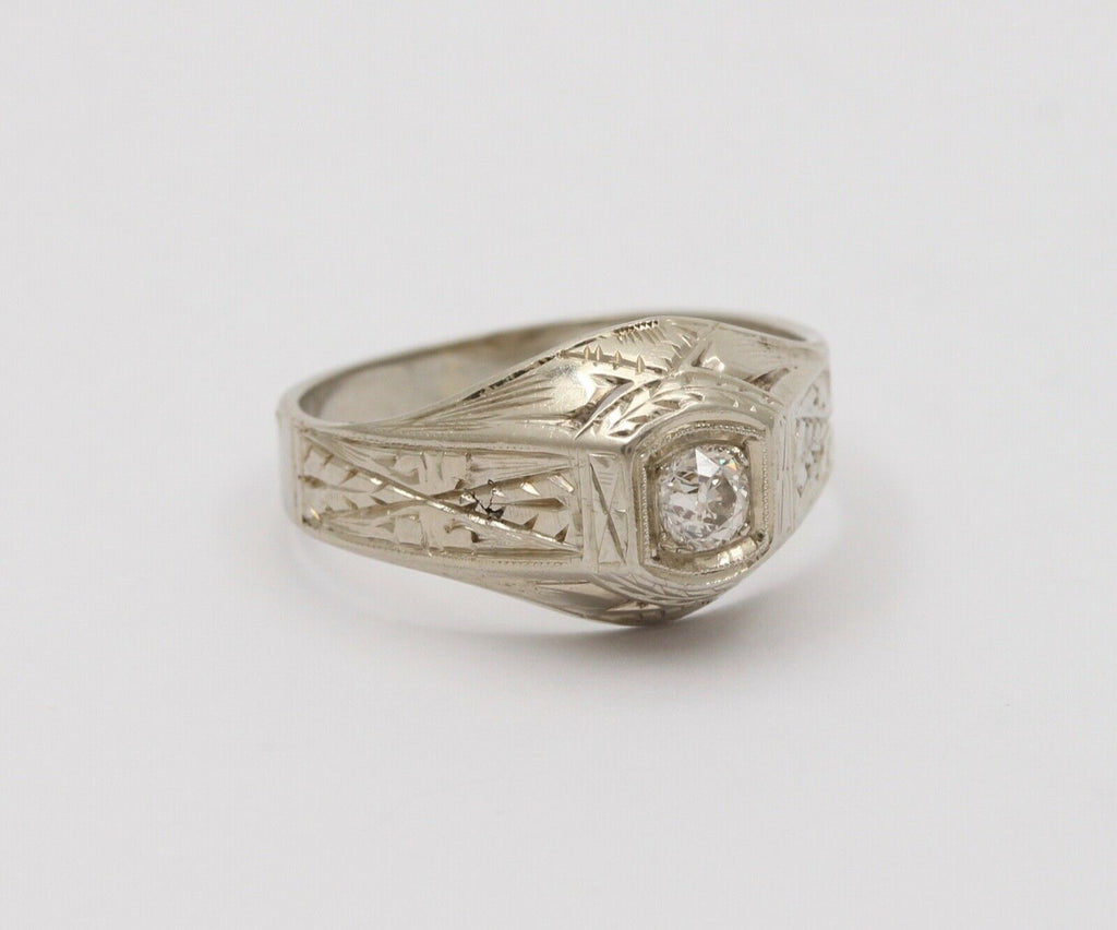 Art Deco Diamond 18K White Gold Ring Band, Engagement Ring