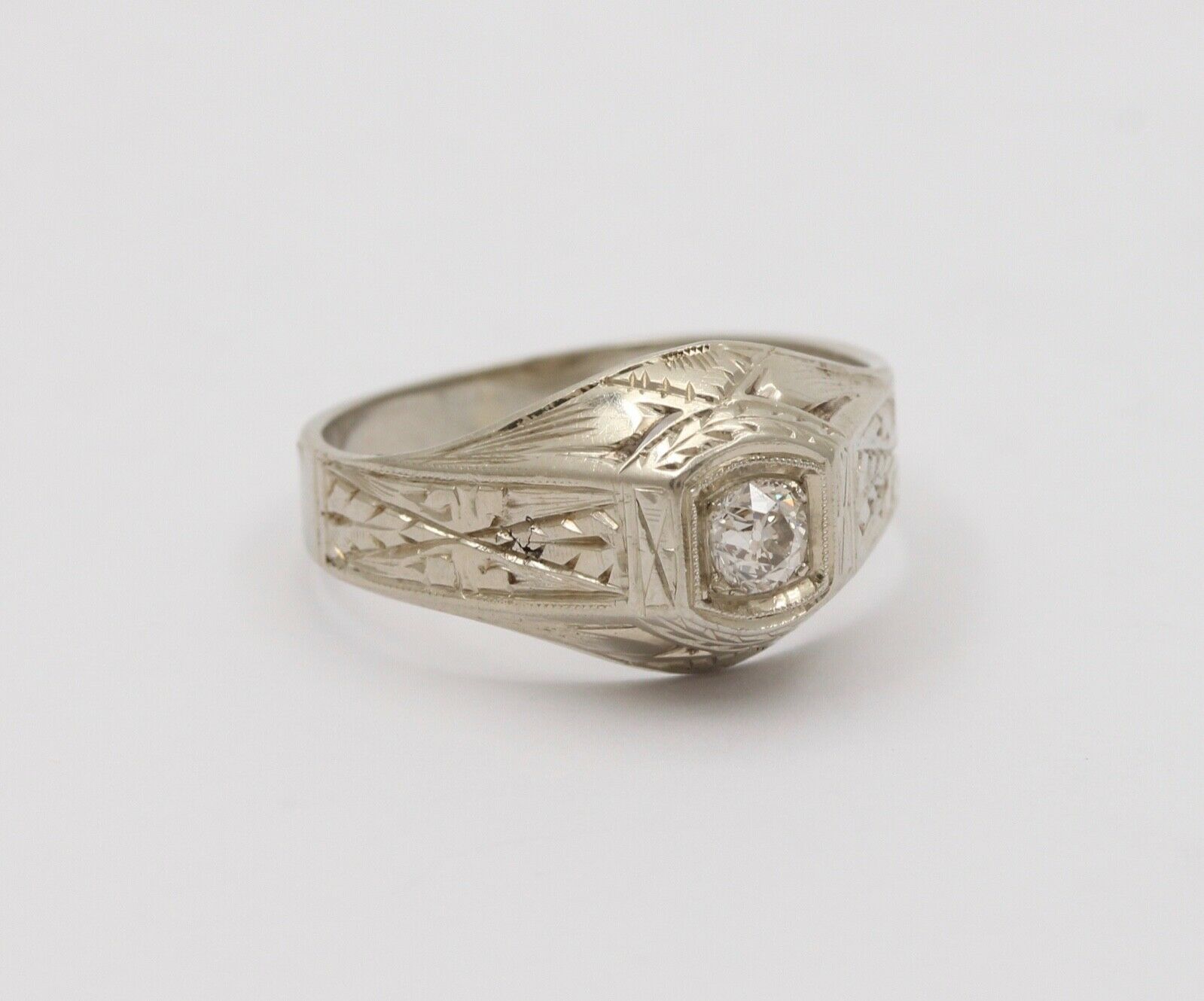 Art Deco Diamond 18K White Gold Ring Band, Engagement Ring