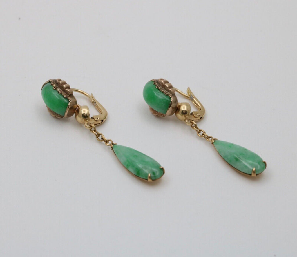 Vintage Bohemian Style 14K Yellow Gold Jadeite Jade Dangling Earring