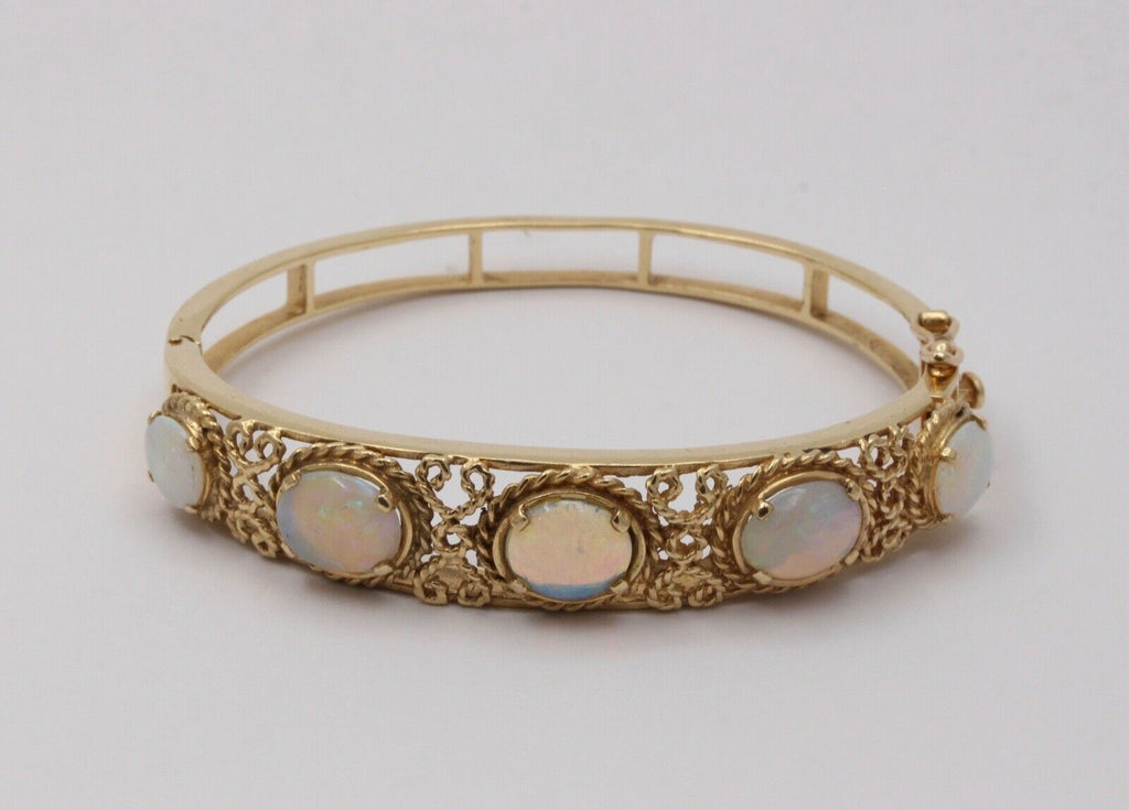 Vintage 14K Gold Rope Knot 5 Opal Bangle, Bracelet.