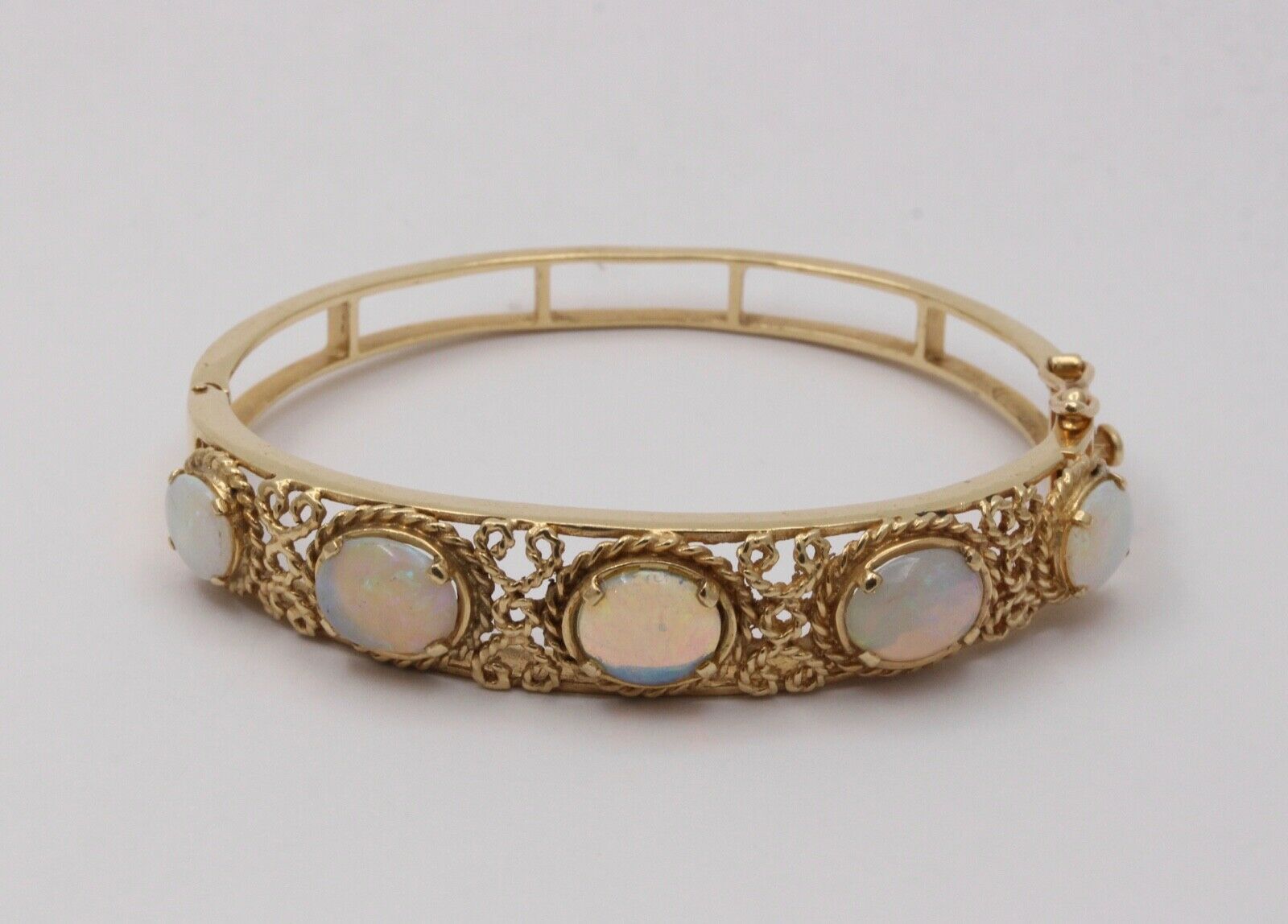 Vintage 14K Gold Rope Knot 5 Opal Bangle, Bracelet.