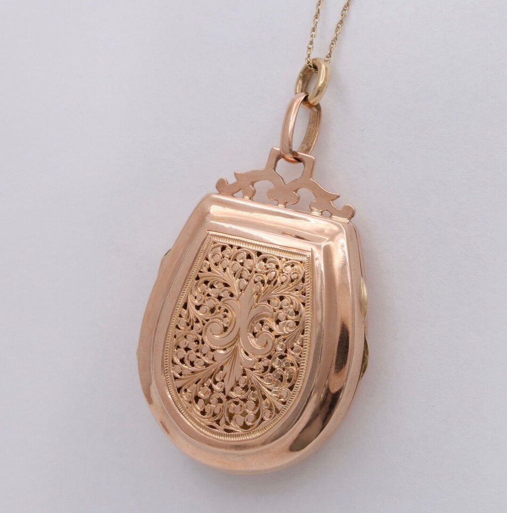 Vintage 18K Rose Gold Heavy Chased fleur de lis Locket Pendant