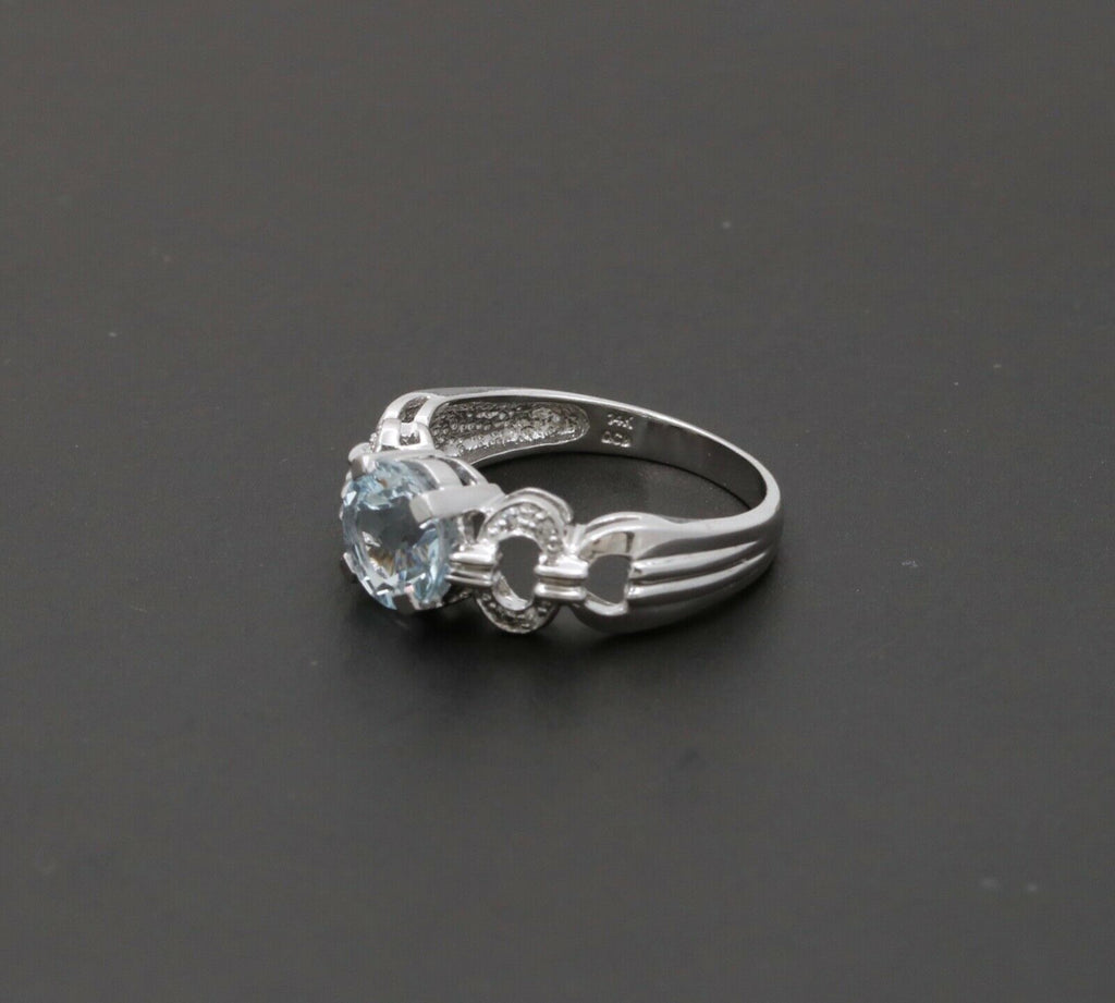 Vintage 14K White Gold Aquamarine Diamond Ring Band, Engagement Ring.