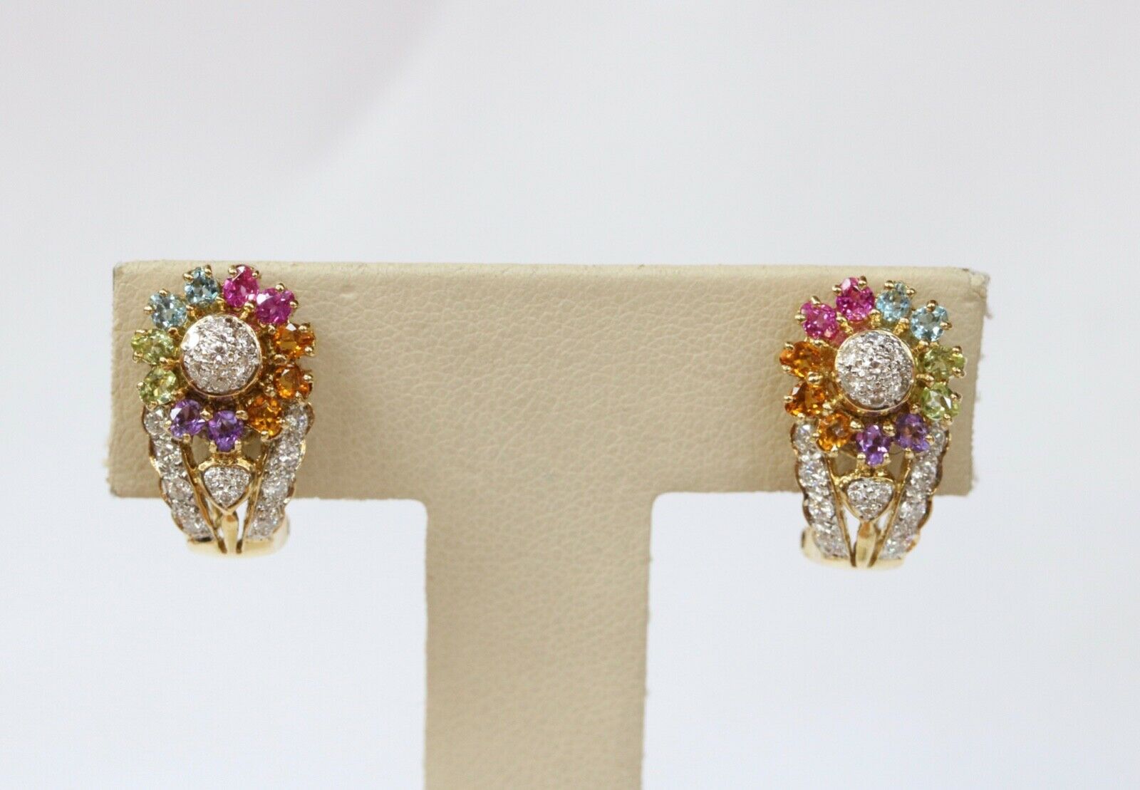 Vintage Sparkling Multi Stone 18K Yellow Gold French Clip Earrings