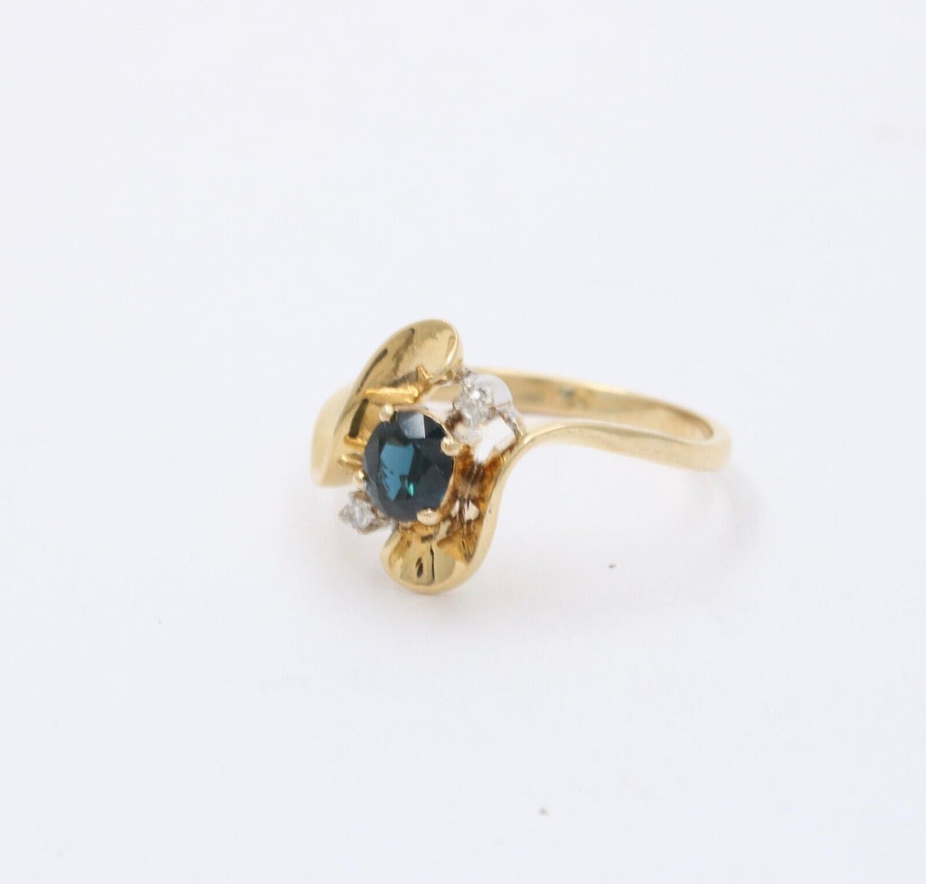 Vintage Blue Sapphire Diamonds 14K Yellow White Gold Ring