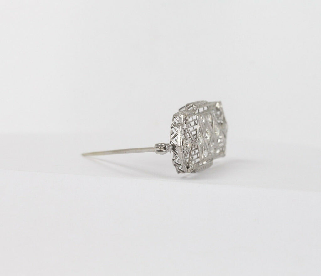Art Deco 14K White Gold Diamond Filigree Brooch