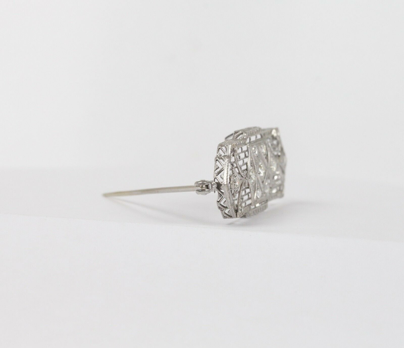 Art Deco 14K White Gold Diamond Filigree Brooch