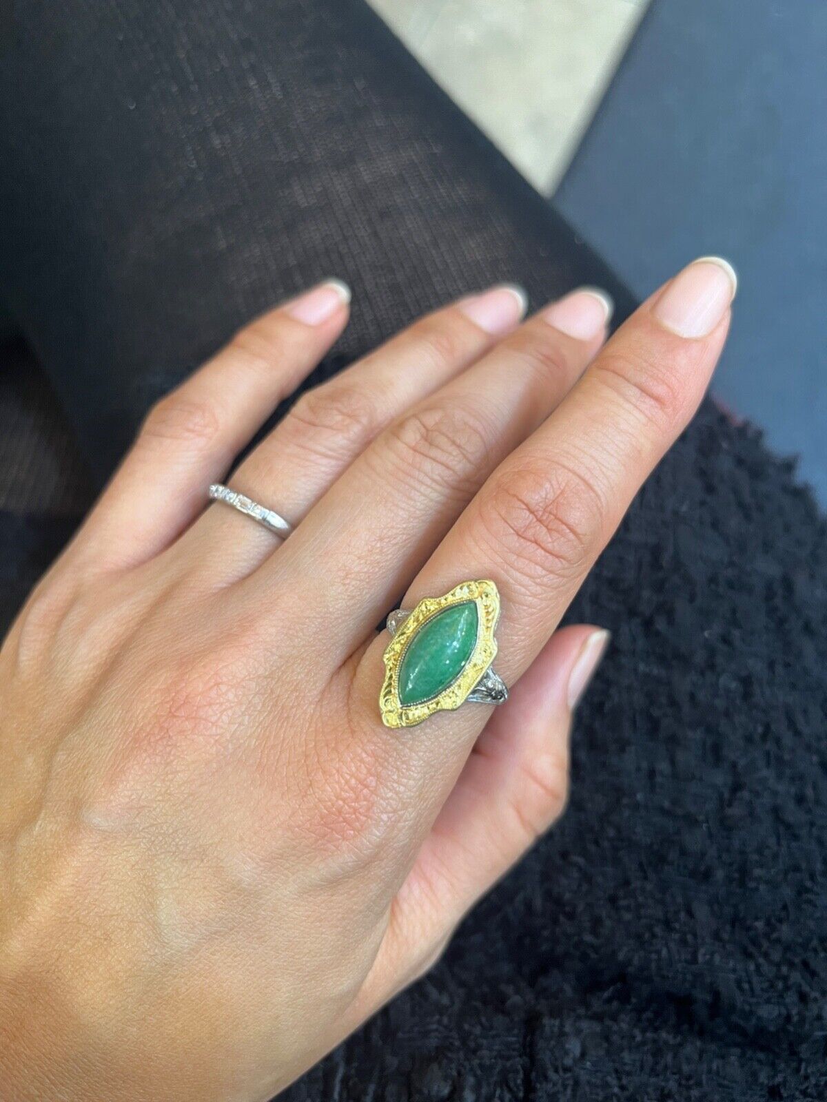 Art Deco 14K Gold Jade Navette Filigree Ring