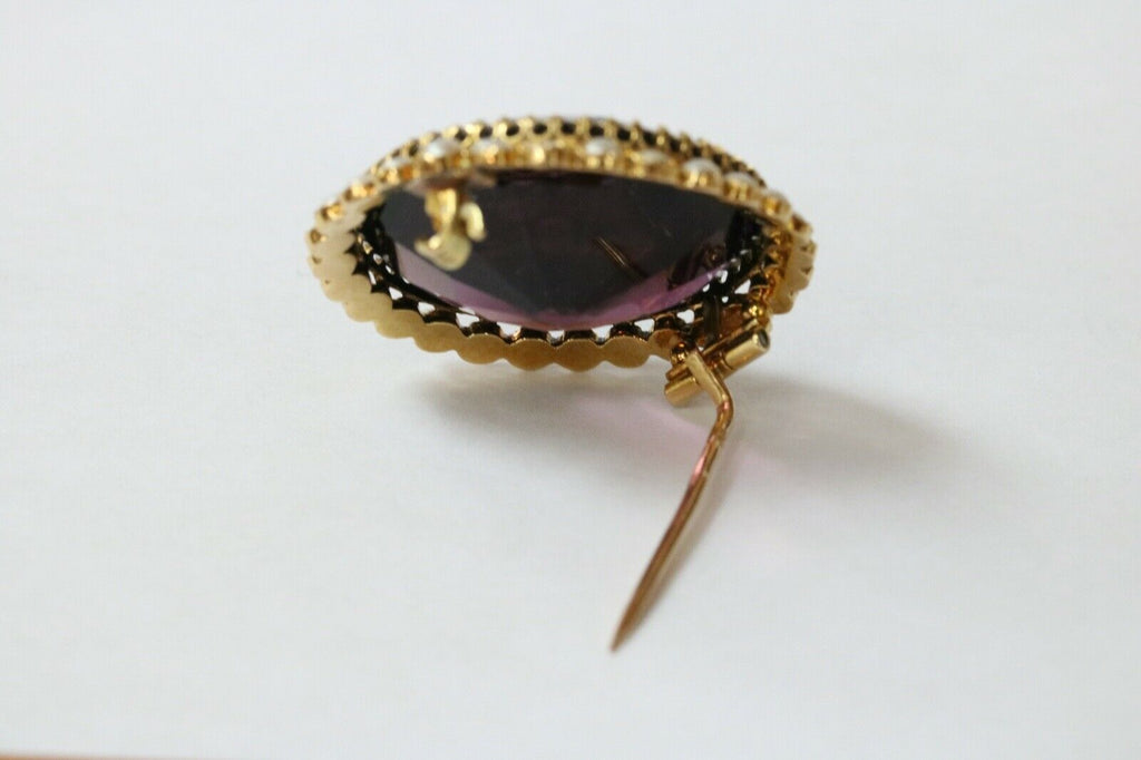Victorian 18K Yellow Gold Amethyst Seed Pearls Brooch Earrings Set