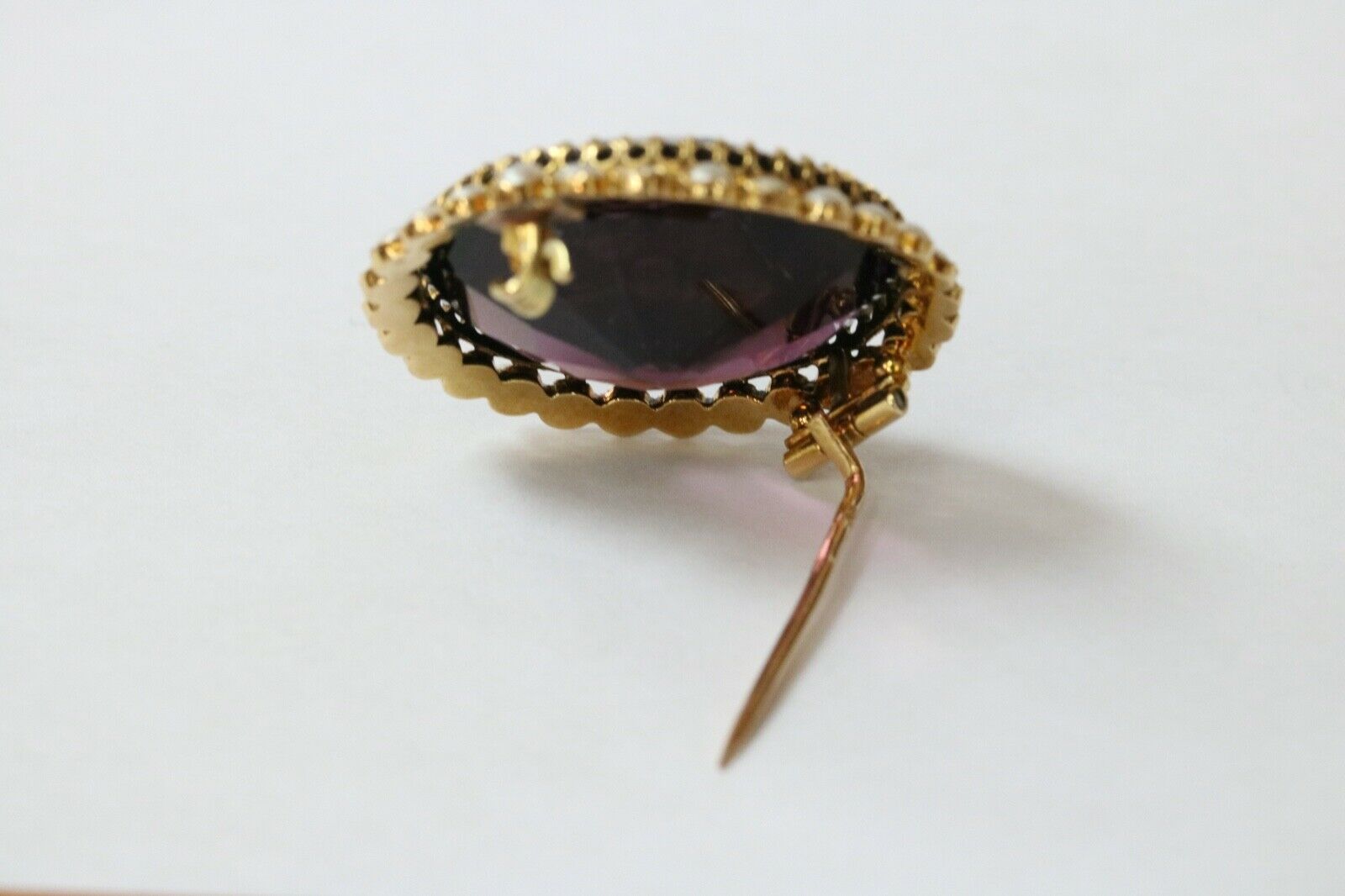 Victorian 18K Yellow Gold Amethyst Seed Pearls Brooch Earrings Set