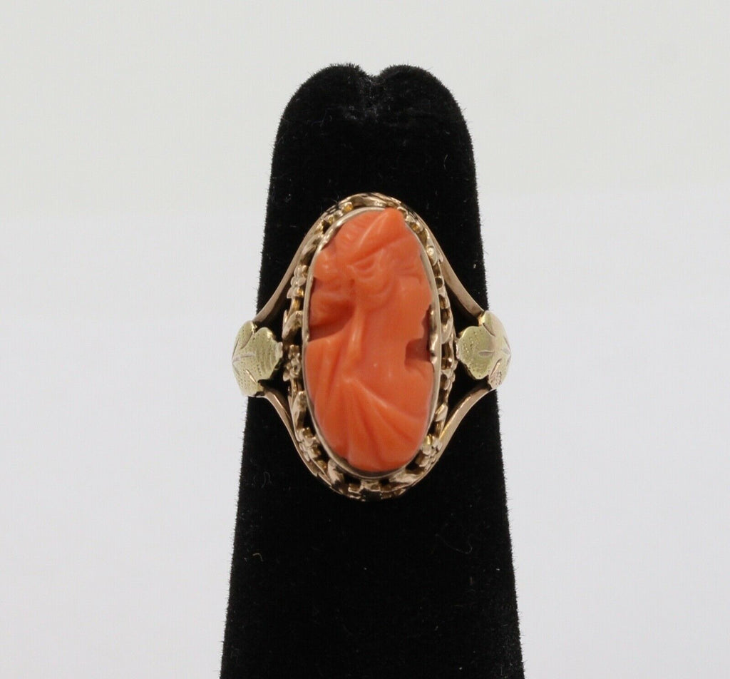 Antique Victorian Carved Coral Woman’s Portrait Two Tone Gold Ring