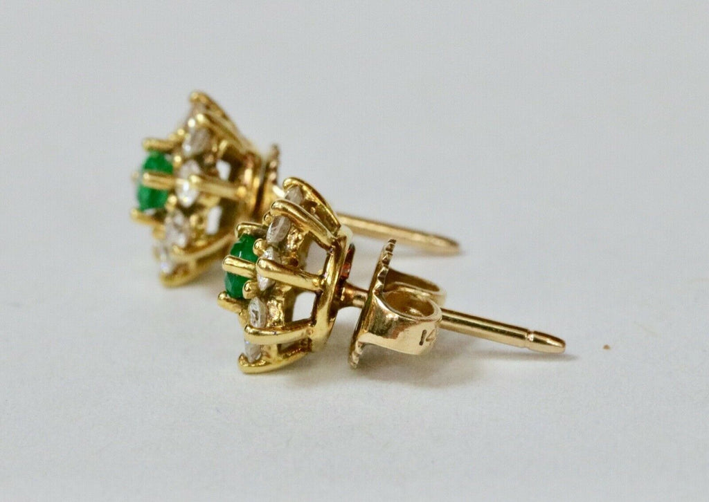 Vintage Ladies Emerald Diamonds 18K Yellow Gold Earrings