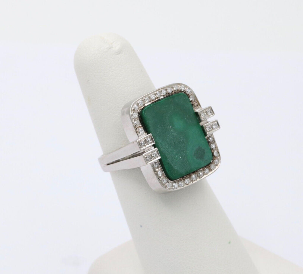 Vintage Aventurine and Diamond 14K White Gold Ring, Statement Ring 12.4 grams