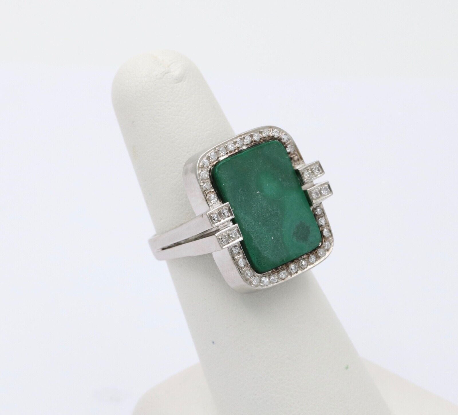 Vintage Aventurine and Diamond 14K White Gold Ring, Statement Ring 12.4 grams
