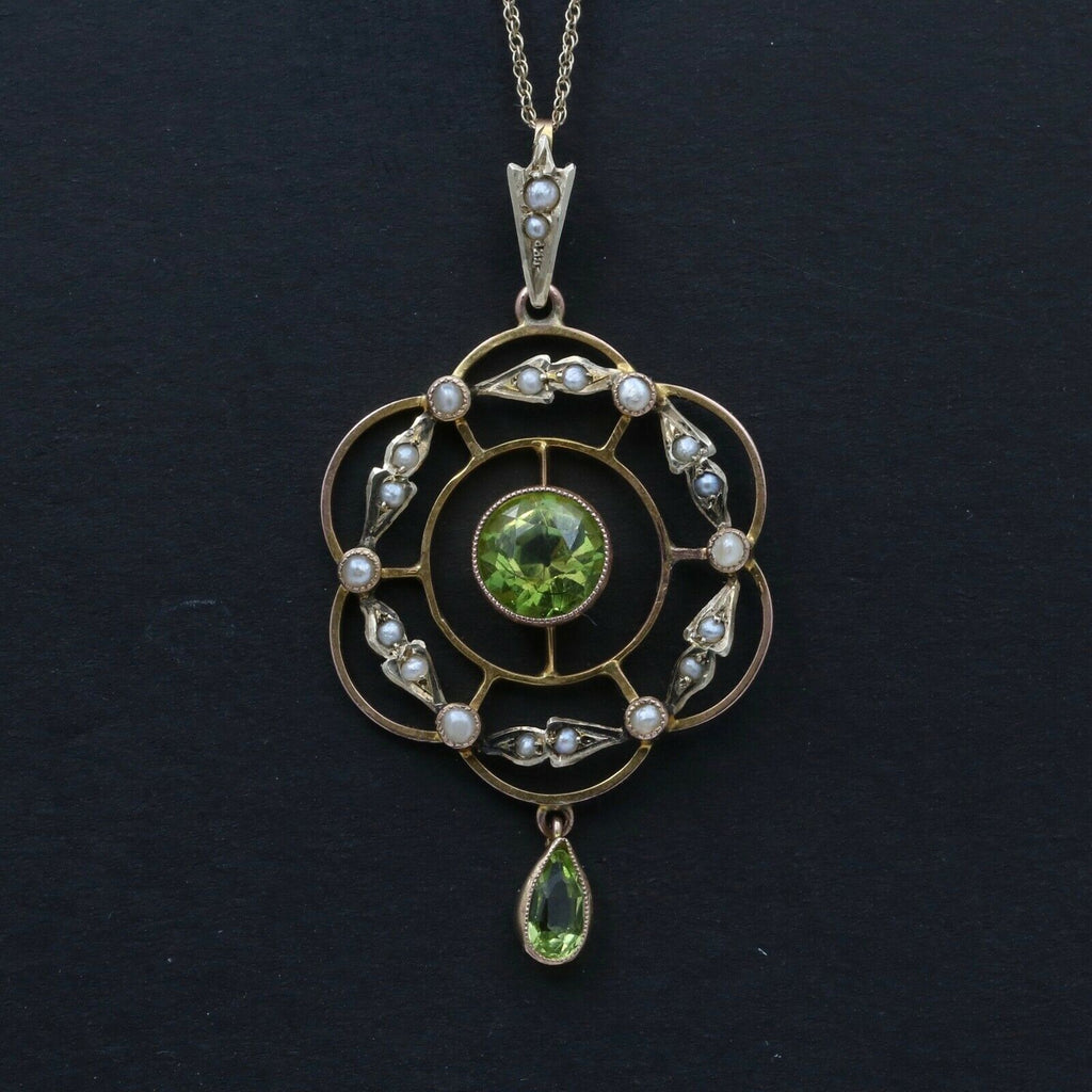 Art Nouveau Peridot Seed Pearls 9 Carat Pendant