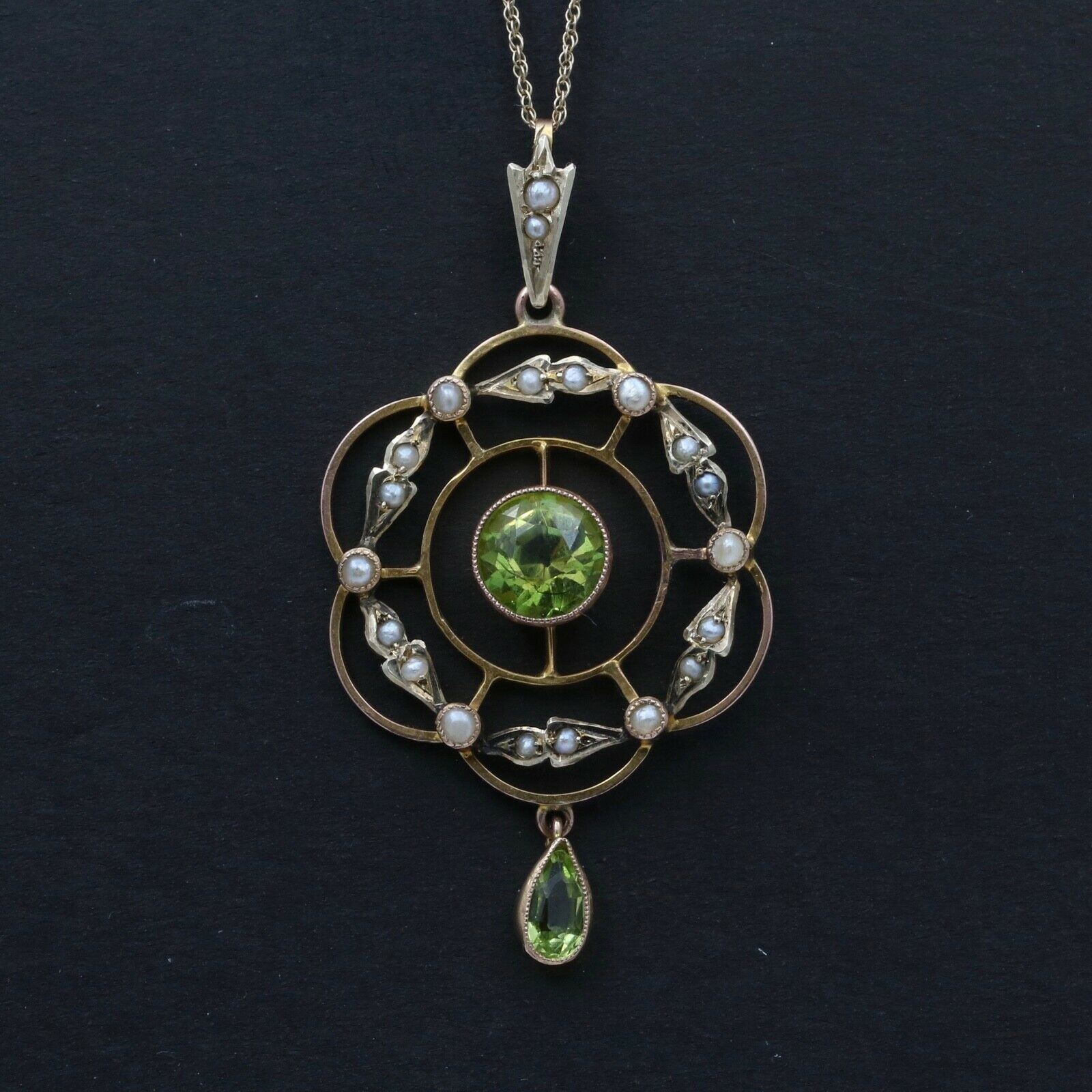 Art Nouveau Peridot Seed Pearls 9 Carat Pendant